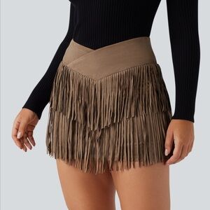HALARA Brown Fringe Mini Skirt